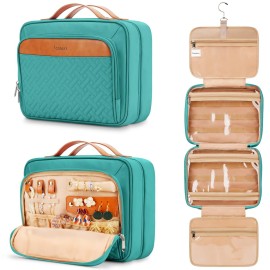 Travel Hanging Toiletry Bag for Women, with Jewelry Organizer Compartment, Medium Waterproof Hanging Makeup Accessories, Cosmetic Essentials, Toiletries Dopp Kit Set with Trolley Belt, Blue