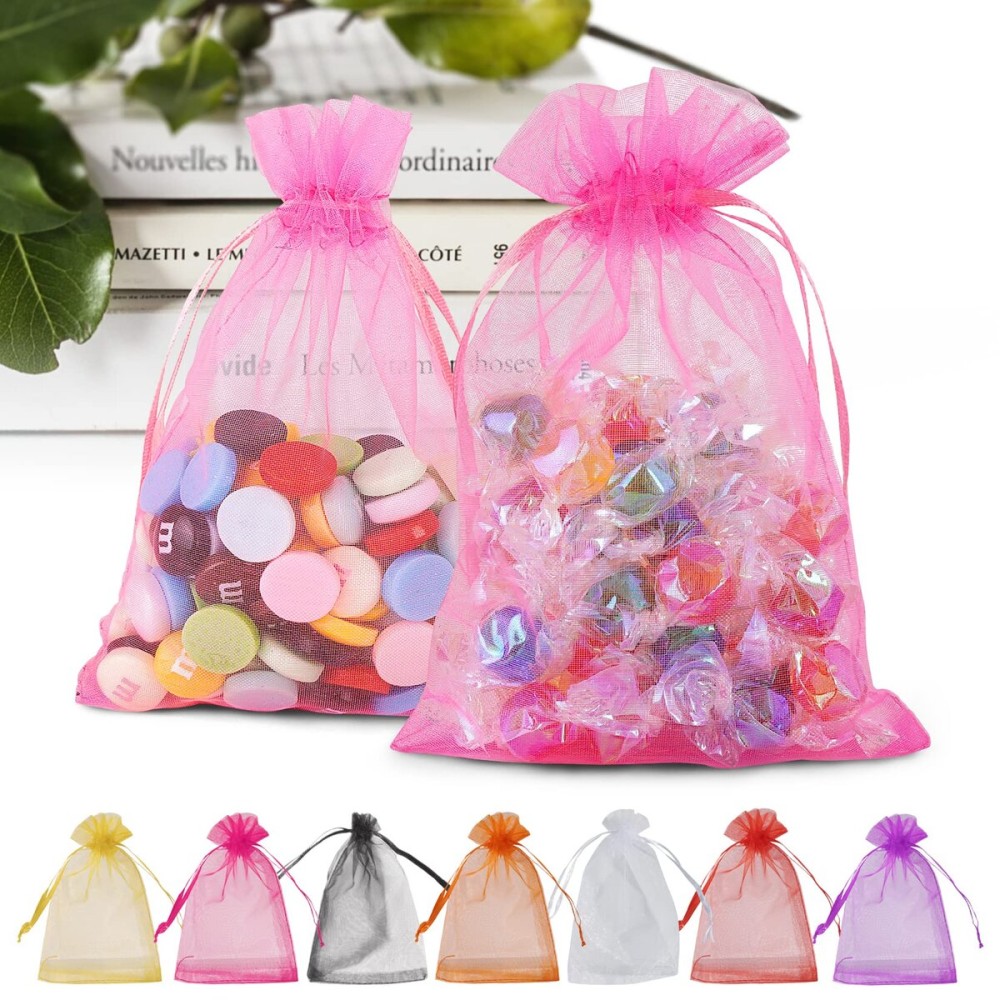 ANZNKU 50PCS Pink Organza Bags 5x7 inches Mesh Bags Drawstring, Mesh Oraganza Gift Bag Small Mesh Gift Bag for Party, Wedding, Premium Sheer Party Favor Pouches Drawstring