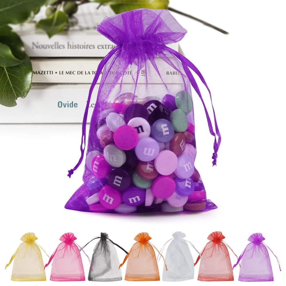 ANZNKU 50PCS Sheer Organza Bags, Premium Purple Organza Bags 5x7 Inch, Gift Bag Small Size for Halloween, Mesh Bag Candy Pouches, Small Mesh Pouches with Drawstring, Party Wedding Favor Pouch
