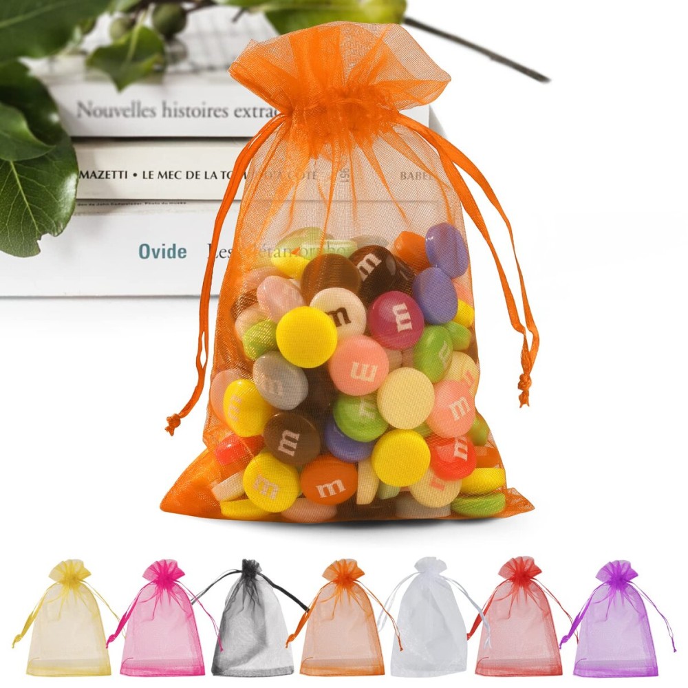 ANZNKU 50 Pack Organza Bags 5 x 7 Inch, Orange Sheer Favor Bags Drawstring for Jewelry, Small Mesh Gift Bags for Wedding & Halloween Candy Party Favors