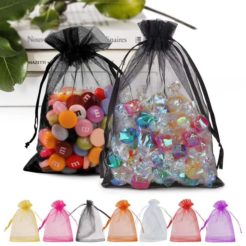 ANZNKU 50PCS Black Organza Bags, Gift Bags Small Size, Sheer Organza Bag 5x7 Inch for Christmas, Mesh Candy Bag, Small Mesh Pouches with Drawstring for Party Wedding Favor