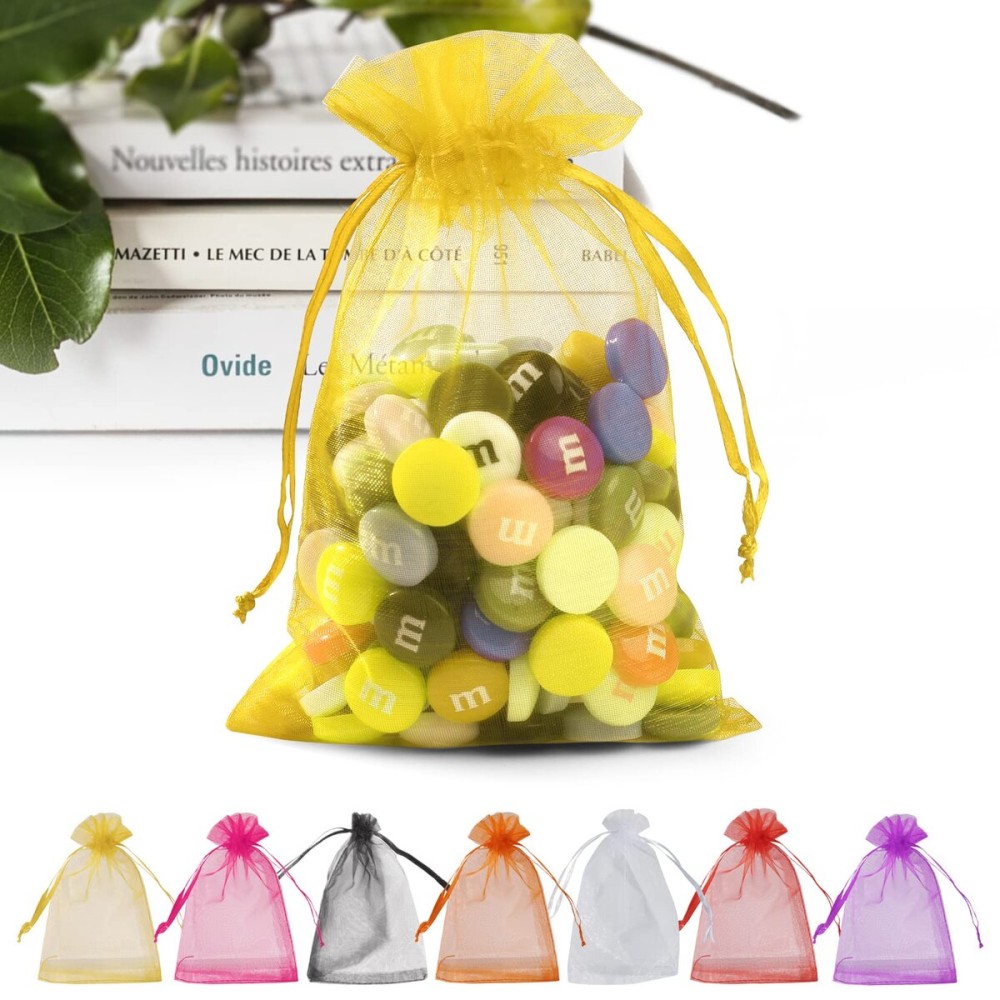 ANZNKU 100 Pack Organza Bags 5 x 7 Inch, Premium Gold Favor Bags With Drawstring, Sheer Mesh Gift Packaging for Wedding Party