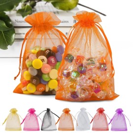 ANZNKU 100PCS Orange Organza Bags 5x7 inches Mesh Bags Drawstring, Gift Bag for Halloween, Wedding Mesh Festival Makeup Organza Party Favor Bag, Sheer Mesh Pouches Drawstring