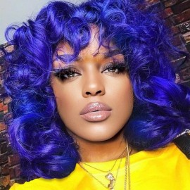 andromeda Blue Curly Wigs for Black Women Soft Short Big Curly Wig with Bangs Afro Kinky Curls Heat Resistant Synthetic Wigs for African American Women (Blue)