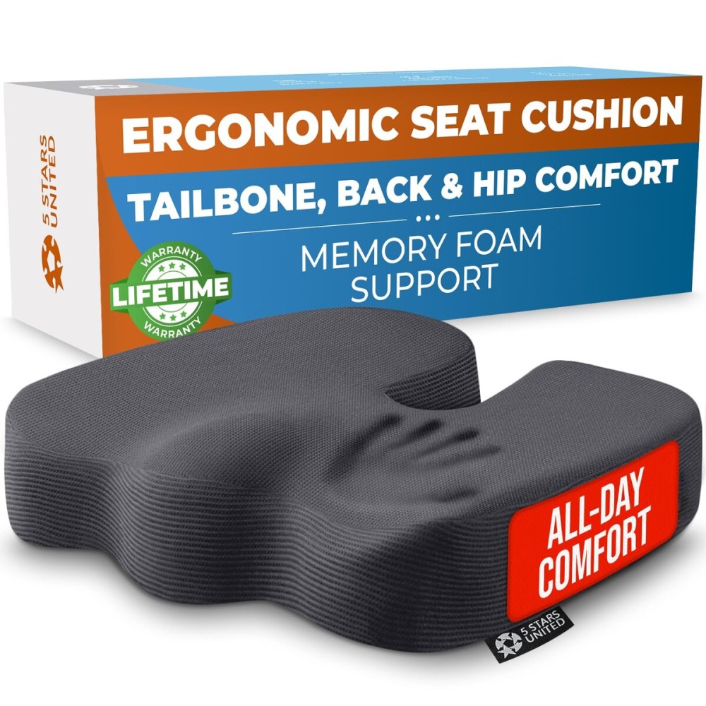 5 STARS UNITED Seat Cushion for Tailbone Pain Relief - Memory Foam Cushion for Coccyx, Hip, Hemorrhoid, Sciatica & Post-Surgery Recovery - Wheelchair, Car, Desk, Gaming & Office Chairs, D Gray