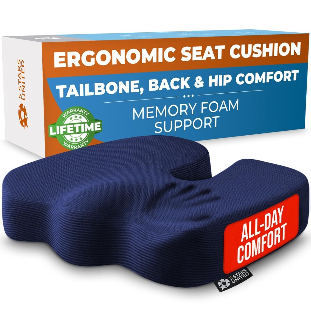 5 STARS UNITED Seat Cushion for Tailbone Pain Relief - Memory Foam Cushion for Coccyx, Hip, Hemorrhoid, Sciatica & Post-Surgery Recovery - Wheelchair, Car, Desk, Gaming & Office Chairs, D Blue