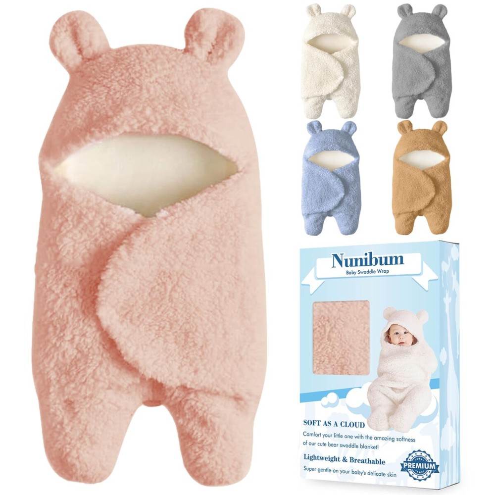 Nunibum Baby Swaddle Blanket Boys Girls Cute Bear Plush Essential Receiving Blanket Ultra-Soft Newborn Registry Sleeping Wraps for Infant 0-6 Months - Pink