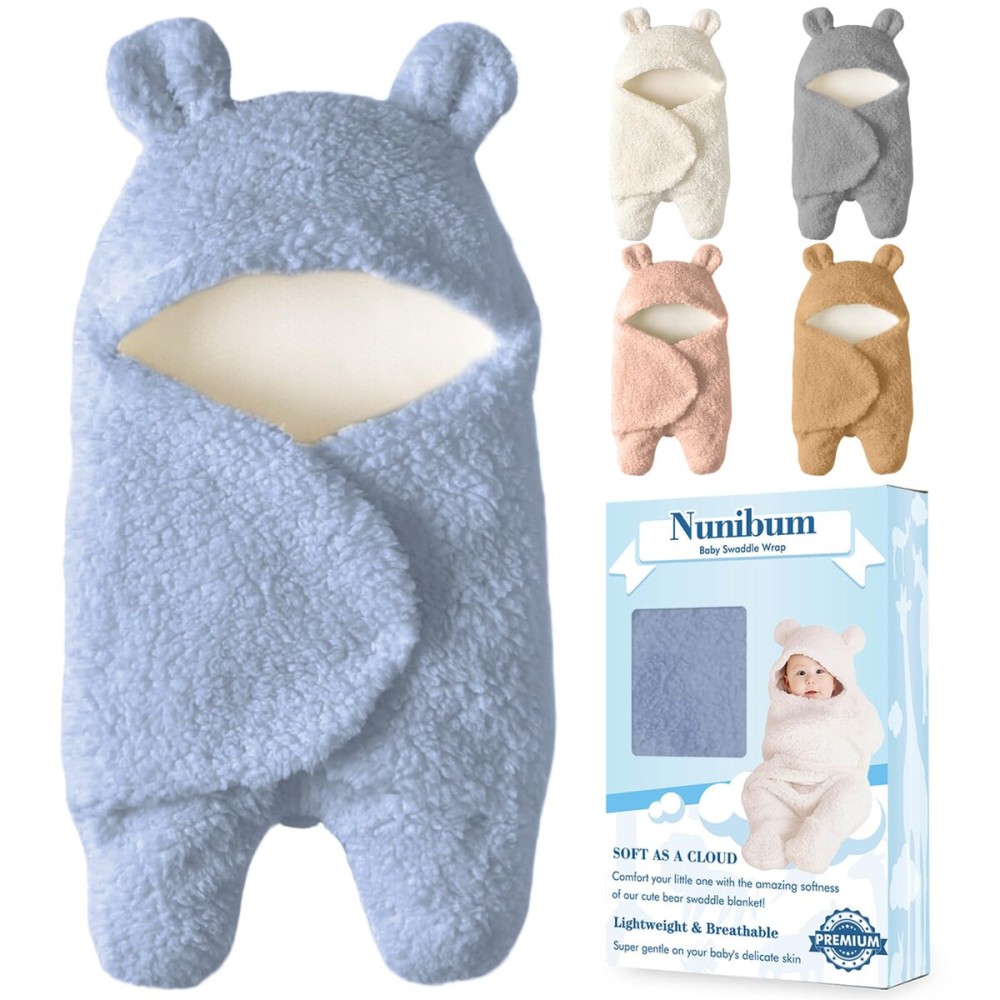Nunibum Baby Swaddle Blanket Boys Girls Cute Bear Plush Essential Receiving Blanket Ultra-Soft Newborn Registry Sleeping Wraps for Infant 0-6 Months - Blue