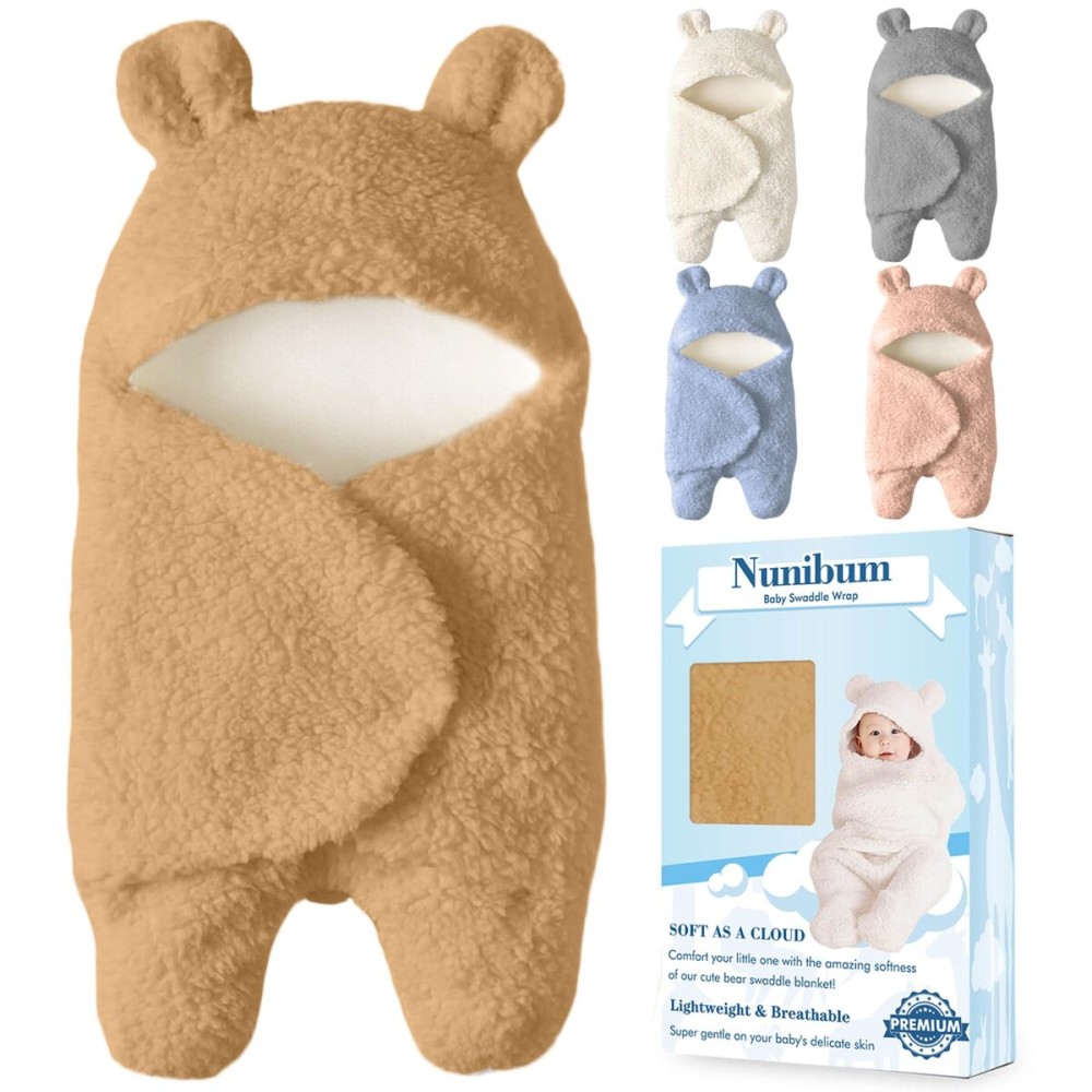 Nunibum Baby Swaddle Blanket Boys Girls Cute Bear Plush Essential Receiving Blanket Ultra-Soft Newborn Registry Sleeping Wraps for Infant 0-6 Months - Brown
