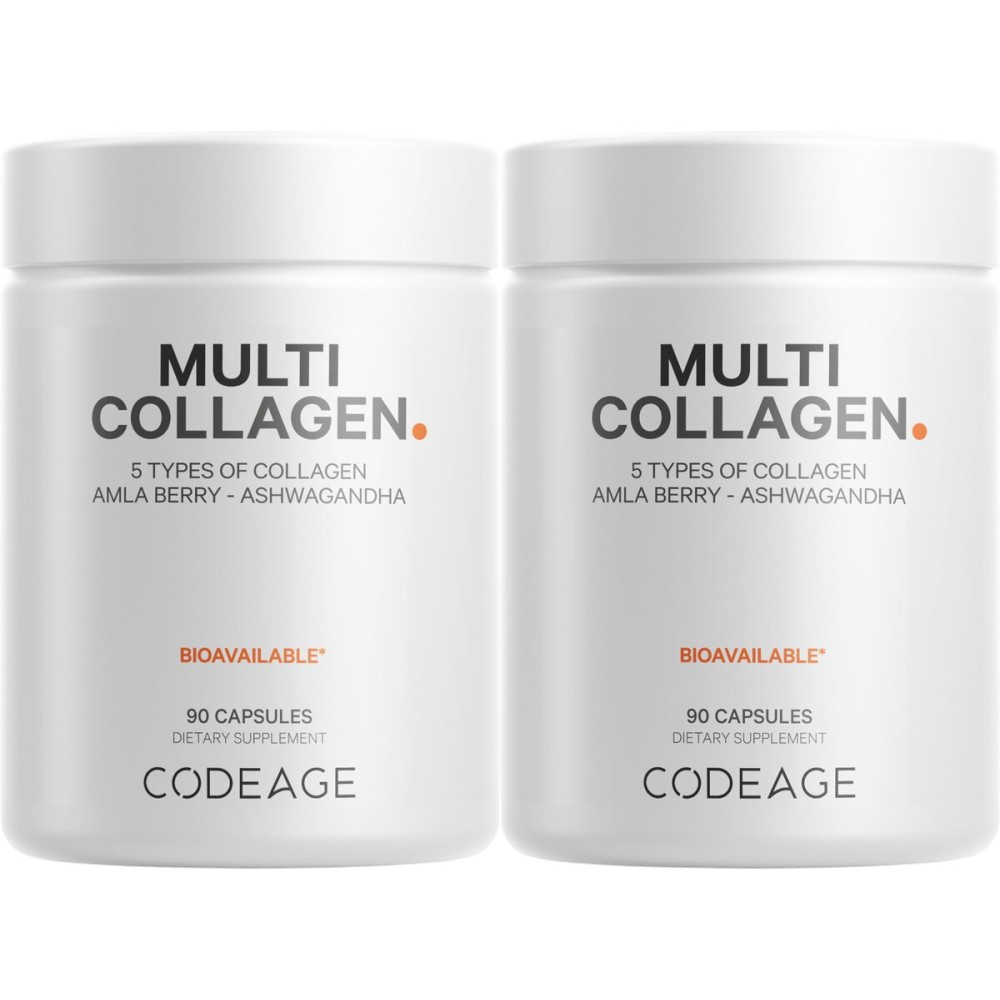 Codeage Multi Collagen Capsules - 5 Collagen Types I, II, III, V & X - Hydrolyzed Grass-Fed Bovine Protein with Ashwagandha, Amla, and Vitamins - 2-Pack