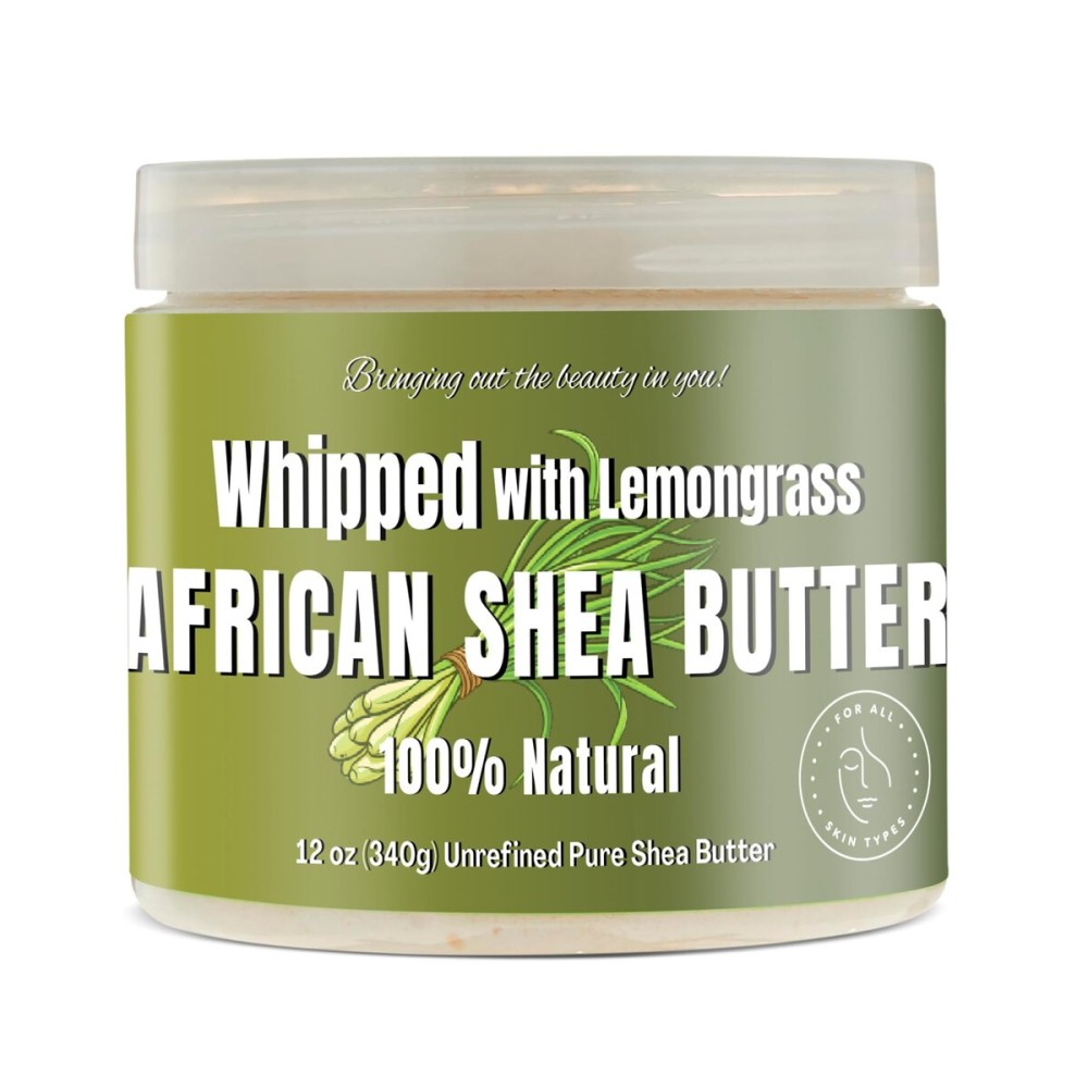 RA COSMETICS Whipped Shea Butter Lemongrass - 100% Pure and Natural African Shea Butter - Handcrafted Moisturizer with Essential Vitamins for Radiant Skin and Luscious Hair - 12oz Jar