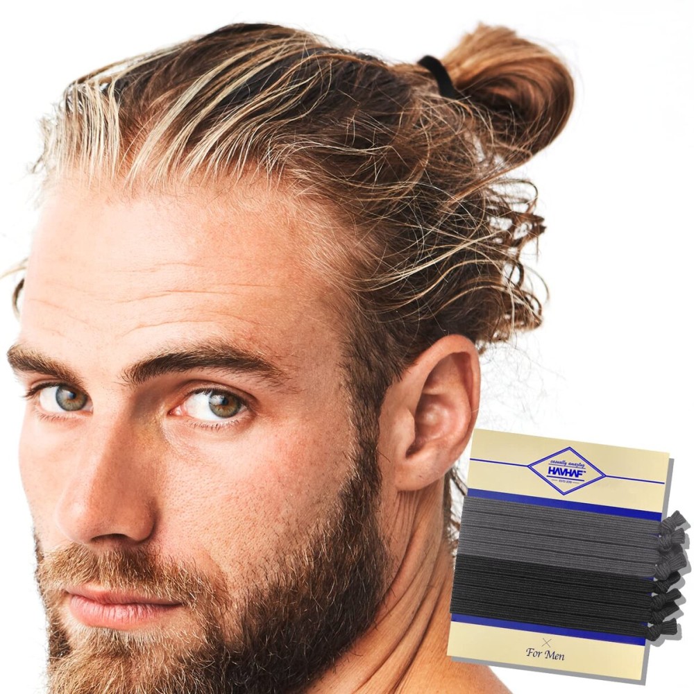 HAVHAF Knotted Hair Ties for Men 8pcs (Thin, Black Charcoal) - No Damage Crease Breakage Man Bun Tie for Long, Curly, Thick Hair - Elastic Hairtie for Guys