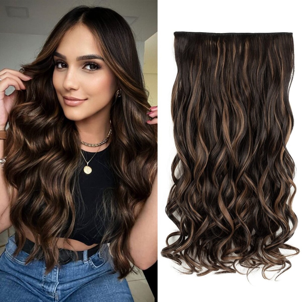 REECHO 20 1-pack 3/4 Full Head Curly Wave Clips in on Synthetic Hair Extensions HE008 Hair pieces for Women 5 Clips 4.5 Oz Per Piece - Chocolate Brown with Highlights