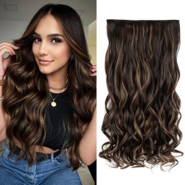 REECHO 20 1-pack 3/4 Full Head Curly Wave Clips in on Synthetic Hair Extensions HE008 Hair pieces for Women 5 Clips 4.5 Oz Per Piece - Chocolate Brown with Highlights
