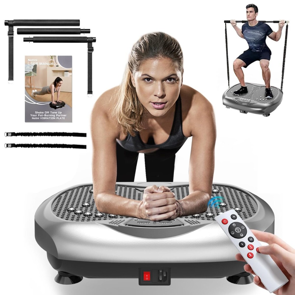 Natini Vibration Plate Exercise Machine - Whole Body Workout Vibration Platform Lymphatic Drainage Machine for Weight Loss Home Fitness W/Pilates Bar Resistance Bands Remote - Silver