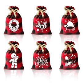 CCINEE 36Pcs Christmas Buffalo Plaid Drawstring Bags Red and Black Plaid Xmas Burlap Bag Reusable Treat Candy Bag Cotton Gift Bags with Drawstrings for Candy Wrapper Christmas Party Favors