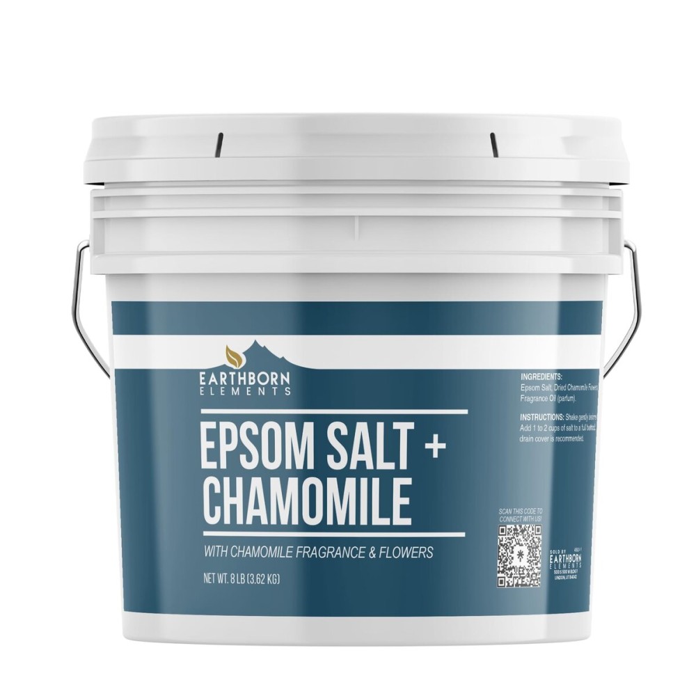 Earthborn Elements Chamomile Epsom Salt 8 lb, One Gallon Bucket, Pure & Undiluted, Soaking Salt with Fragrance & Real Dried Flowers