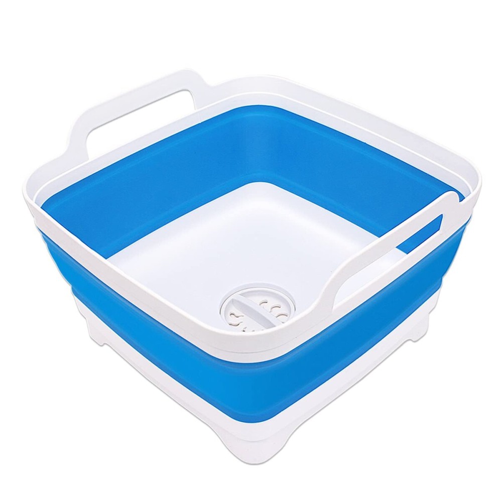 2.4 Gal(9L) Collapsible Dish Basin with Drain Plug, Space Saving Outdoor Multiuse Foldable Sink Tub, Dishpan, Kitchen Storage Tray for Camping, Vegetable Washing, RV (Blue)