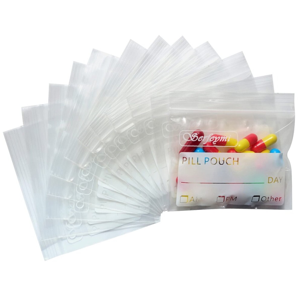 Serfeymi Pill Bags for Travel Pill Pouch Organizer Pack of 240 BPA Free 3 x 2.75 inch Reusable Pill Pouches for Medicine with Write on Label & Zipper Seal Waterproof AM PM Pill Baggies for Supplements
