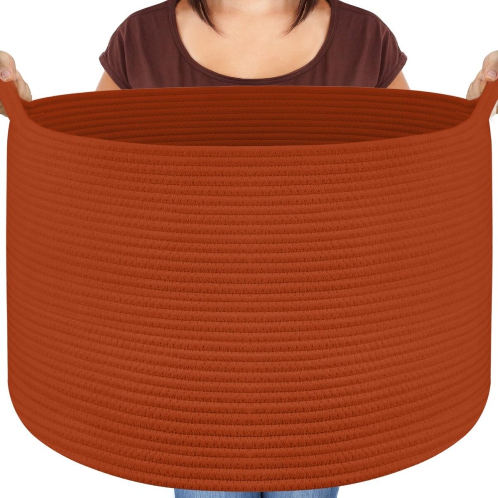 XXL Large Cotton Rope Basket - Maliton Large Storage for Blankets, Towels, Pillows - Round Toy Basket - Woven Laundry Hamper with Handles - 22 x 22 x 14 Nursery Hamper Bin, Burnt Orange