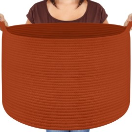 XXL Large Cotton Rope Basket - Maliton Large Storage for Blankets, Towels, Pillows - Round Toy Basket - Woven Laundry Hamper with Handles - 22 x 22 x 14 Nursery Hamper Bin, Burnt Orange