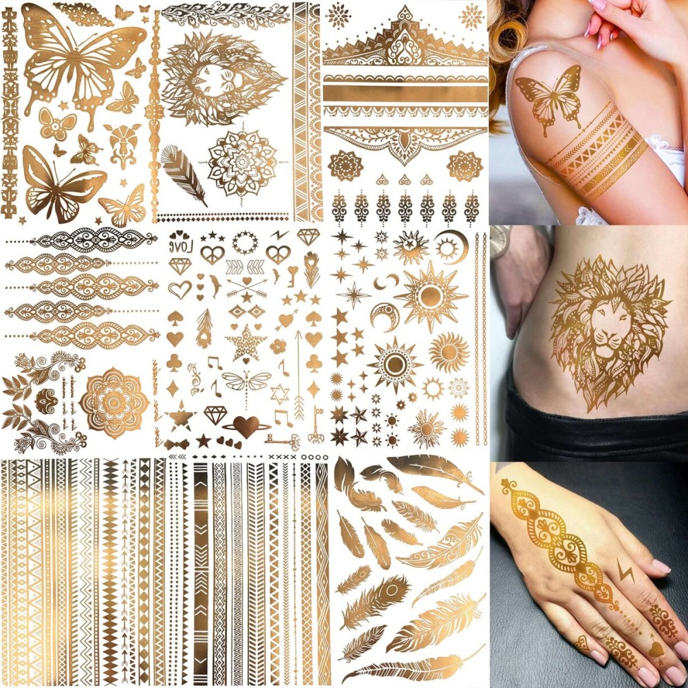 Bilizar 9 Sheets 110+ Designs Flash Gold Temporary Tattoos Metallic For Women Adult, Girl Golden Lion Festival Sun Moon Star Butterfly Glitter Tattoo Sticker, Fake Tattoos That Look Real and Last Long