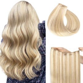 HOTBANANA Wire Hair Extensions, 12 inch 70g Dirty Blonde Mixed Bleach Blonde Fish Line Hair Extensions Real Human Hair Straight Invisible Wire Hair Extensions Remy Hair Extensions