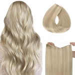 HOTBANANA Wire Hair Extensions, 12 inch 70g Ash Blonde Highlighted Platinum Blonde Invisible Fish Line Real Human Hair Extensions Straight