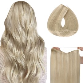 HOTBANANA Wire Hair Extensions, 12 inch 70g Ash Blonde Highlighted Platinum Blonde Invisible Fish Line Real Human Hair Extensions Straight