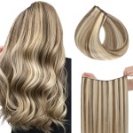 HOTBANANA Fish Line Real Human Hair Extensions, 14 inch 75g Ash Brown Highlighted Golden Blonde Remy Invisible Straight