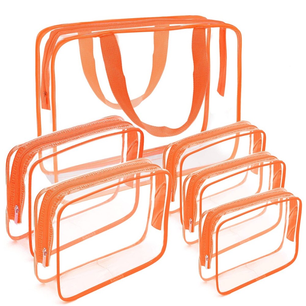 APREUTY Clear Makeup Bags, TSA Approved 6 Pcs Cosmetic Makeup Bags Set Clear PVC with Zipper Handle Portable Travel Luggage Pouch Airport Airline Vacation Organization (Orange)