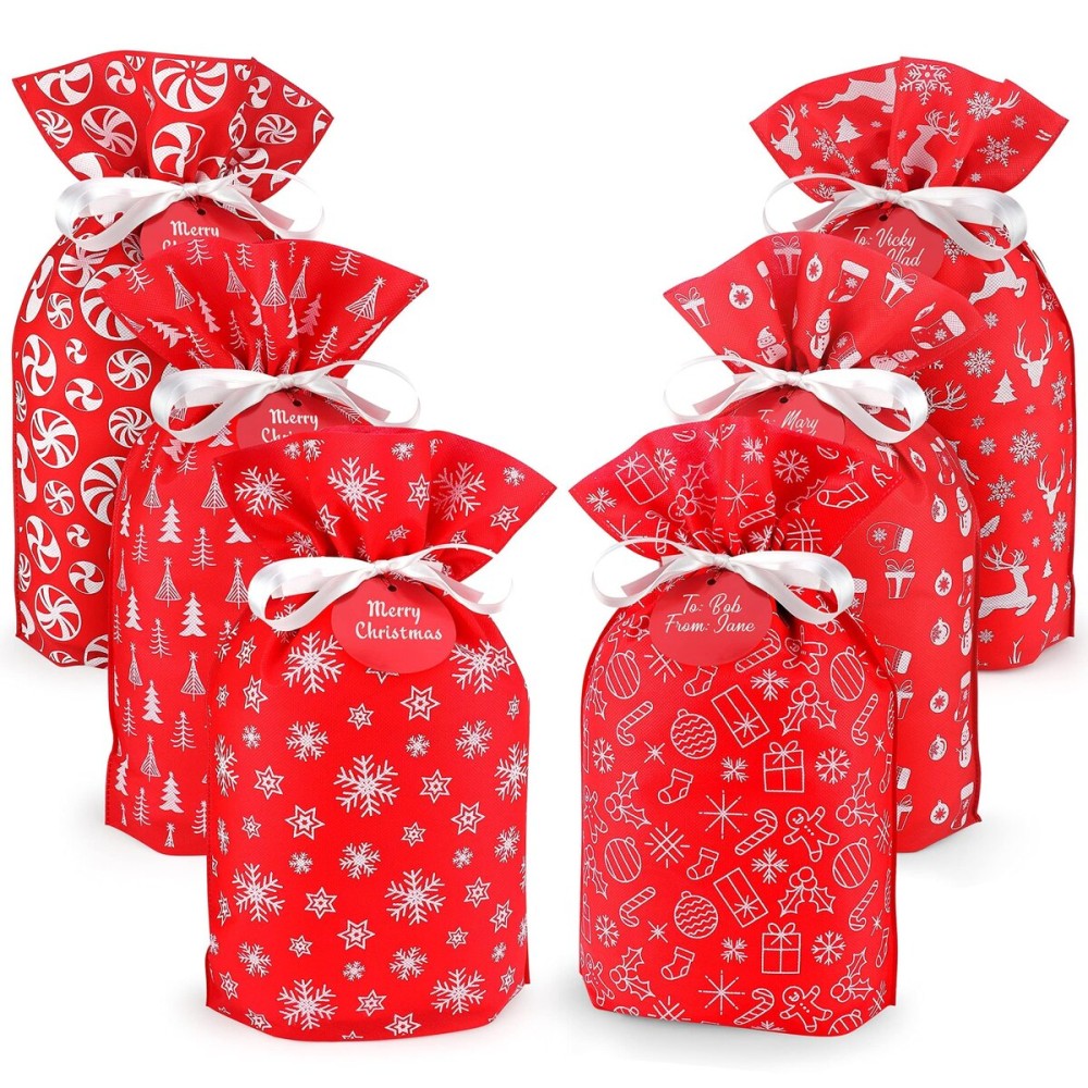 Mistorri Fabric Gift Bags for Christmas Presents - 6 Pcs Holiday Bags with Drawstring, Large Christmas Gift Bags for Presents, Gift Wrap Reusable Bags for Gifts (Red Designs)