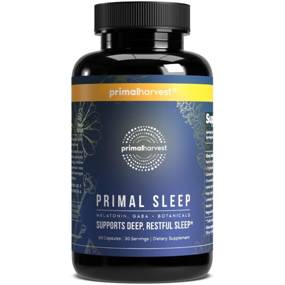 Primal Harvest Primal Sleep Support Supplement for Adults with Melatonin, GABA, Valerian Root, L-Tryptophan, Magnesium Bisglycinate Chelate, and Chamomile for Deep Restful Sleep