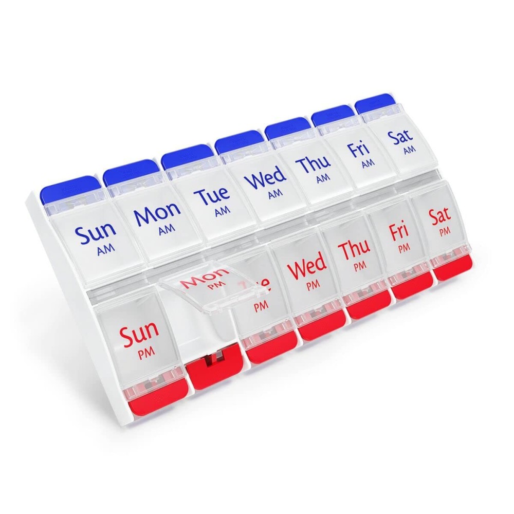 EZY DOSE Push Button (7-Day) Pill Case, Medicine Planner, Daily Vitamin Organizer, 2 Times a Day AM/PM, Large Compartments, Arthritis Friendly, Easy to Use, Clear Lids, Red/Blue, BPA Free