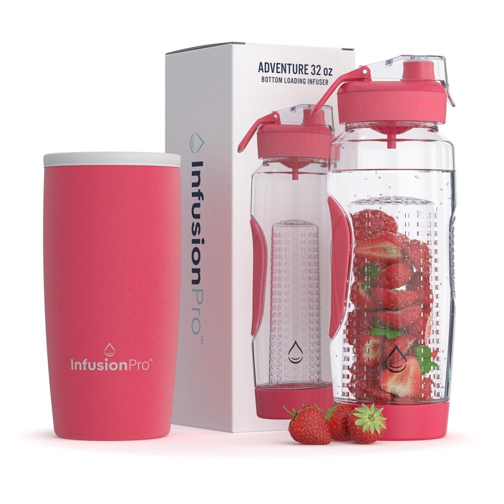 Infusion Pro 32 oz Fruit Infuser Water Bottle with Insulated Sleeve & 50 Recipe Fruit Infusion Water eBook : Bottom Loading, Large Water Infuser for More Flavor : Unique Gift Idea for Women