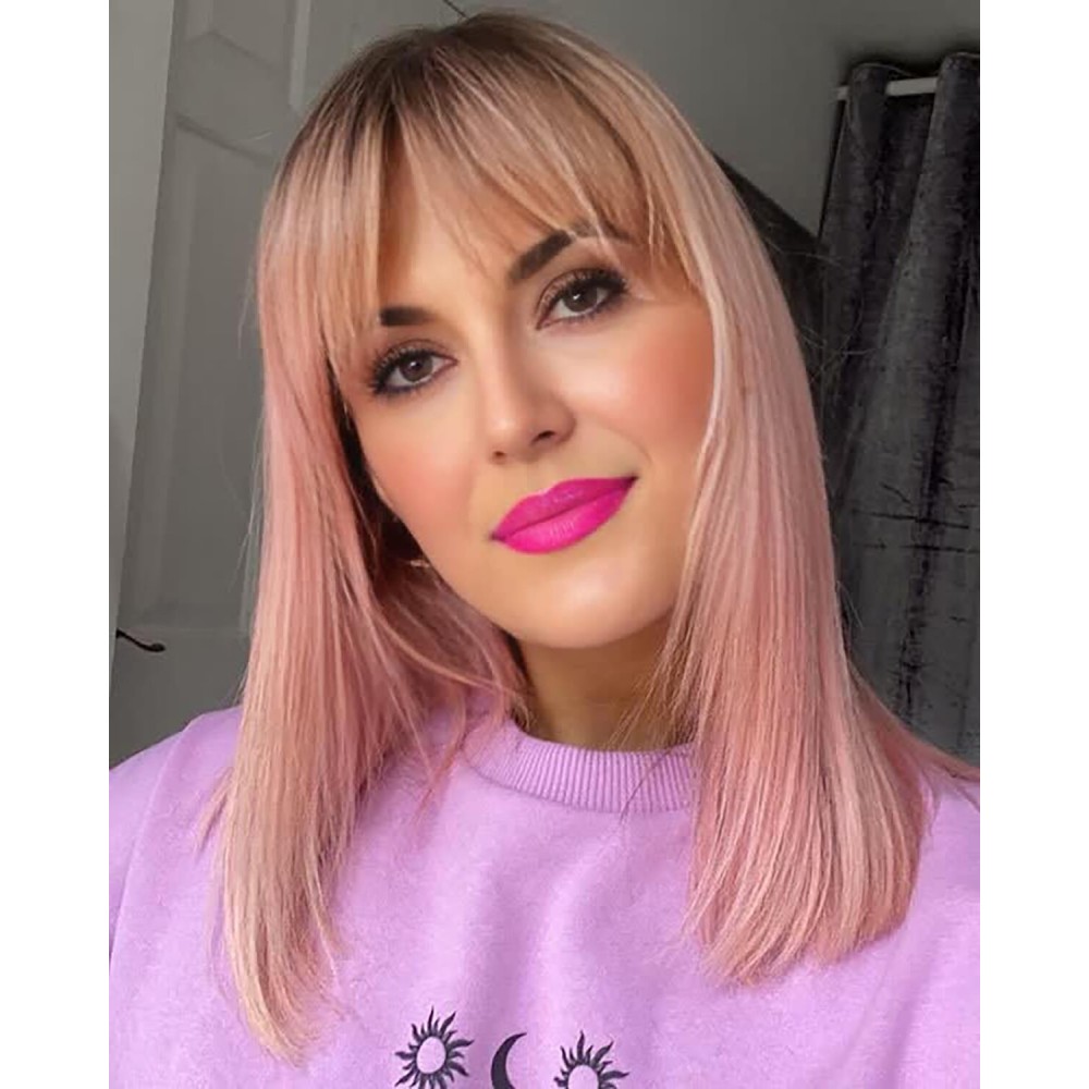 RENERSHOW Ombre Pink Layered Mid-length Bob Wig with Bangs Straight Synthetic Wigs for White Women