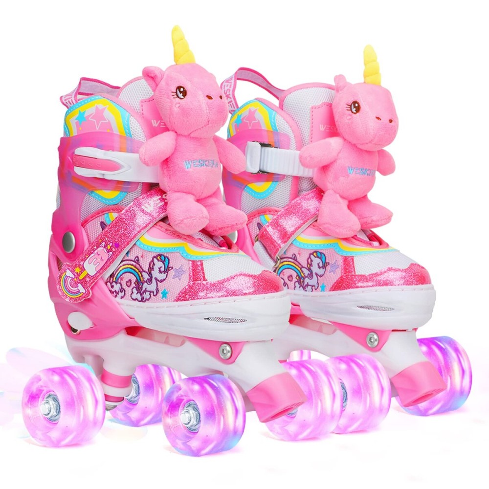 Unicorn Doll Kids Toddler Roller Skates for Girls,WESKIFAN Quad Skating Shoes With Shiny Light up Wheels&Adjustable Sizes Beginners rollerskates for Birthday Xmas Gifts,Patines para Nias Nios