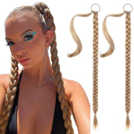 SEIKEA 2PCS Long Braid Ponytail Extension with Hair Tie Long Straight Wrap Around Hair Extensions Ponytail Natural Soft Synthetic Hair Piece Golden Blonde Highlights 26 Inch (After Braided 23 Inch)