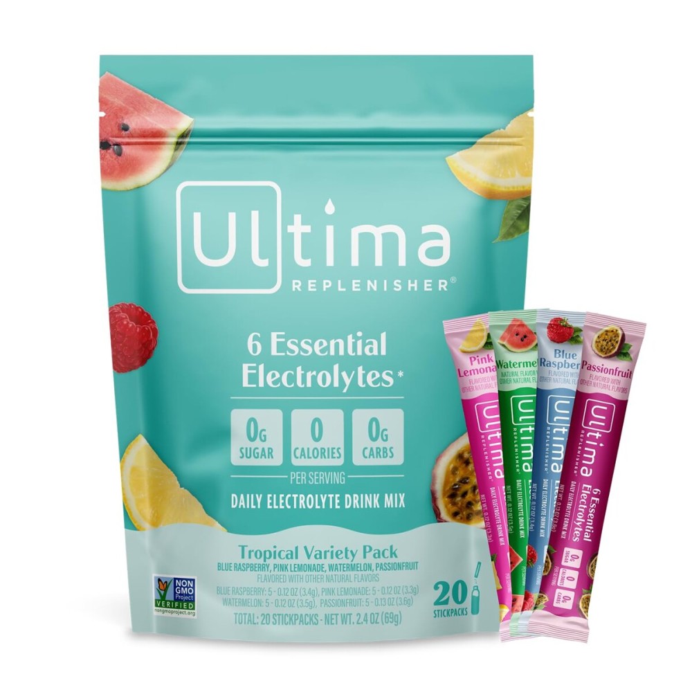 Ultima Replenisher Daily Electrolyte Powder - Tropical Variety Pack, 20 Stickpacks - Zero Sugar Hydration Packets with 6 Electrolytes and Minerals - Sugar Free, Plant Based & Keto Friendly Drink Mix