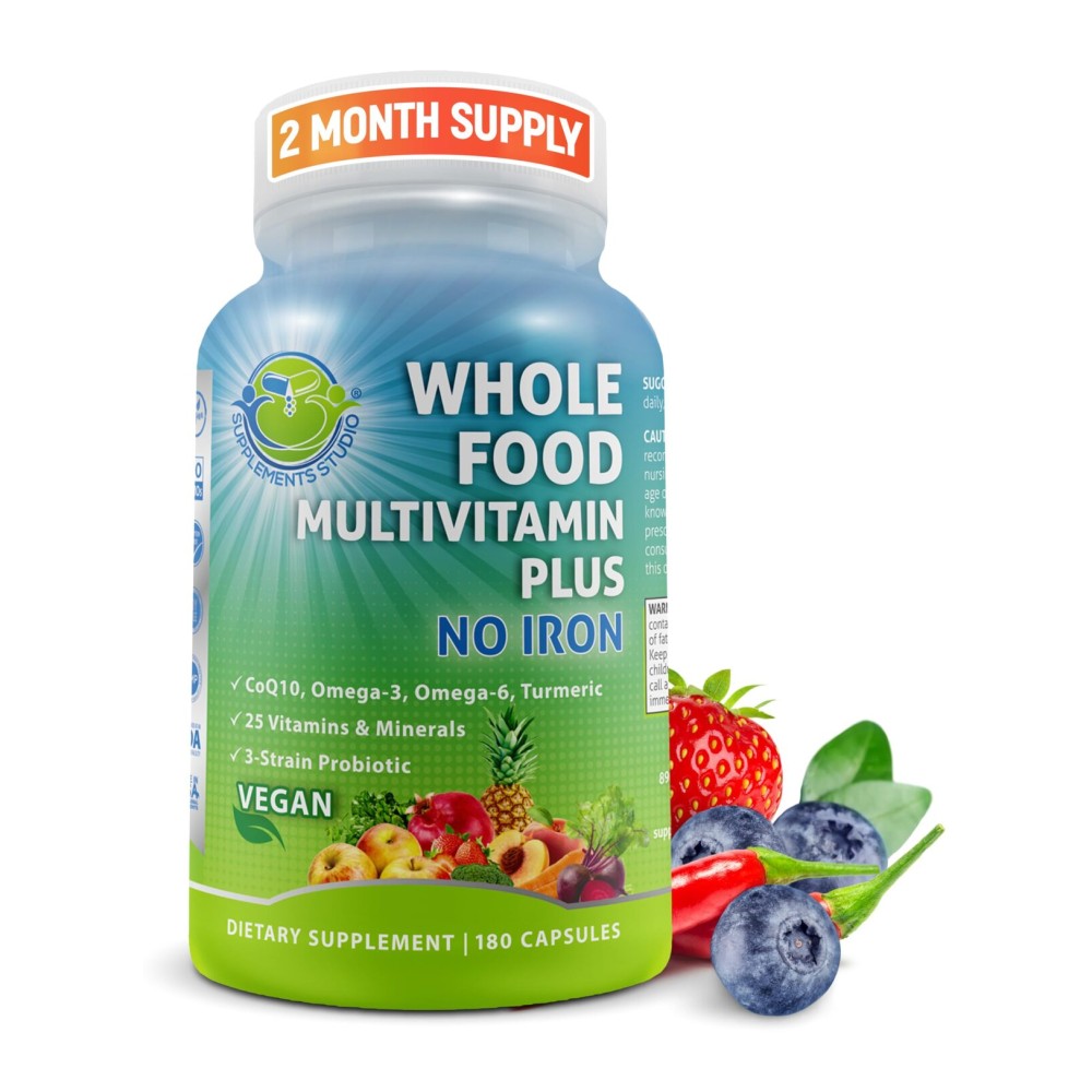 Vegan Whole Food Daily Multivitamin Without Iron, Methylated Multivitamin for Women and Men, Made with Fruits & Vegetables, B-Complex, Probiotics, Enzymes, CoQ10, Omegas, Turmeric, Non-GMO, 180 Count