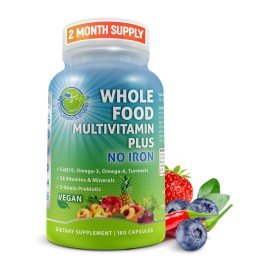 Vegan Whole Food Daily Multivitamin Without Iron, Methylated Multivitamin for Women and Men, Made with Fruits & Vegetables, B-Complex, Probiotics, Enzymes, CoQ10, Omegas, Turmeric, Non-GMO, 180 Count