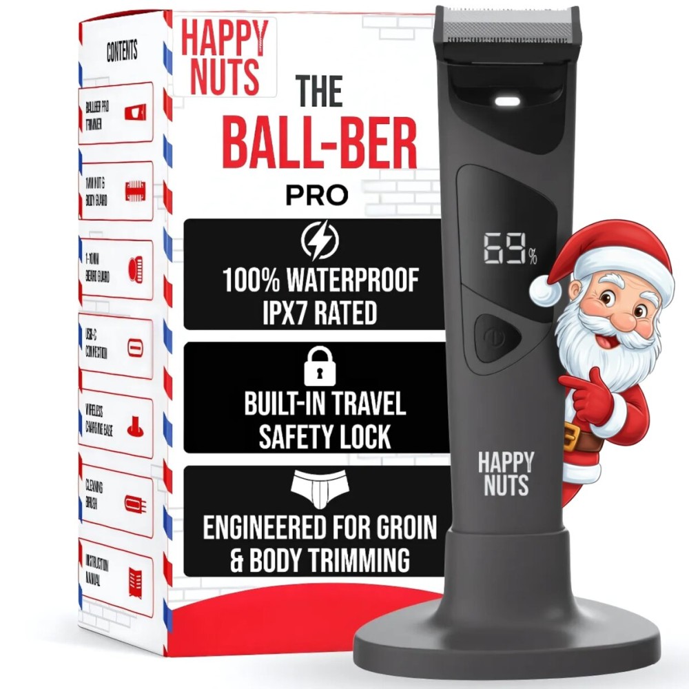 HAPPY NUTS The Ballber Pro Electric Groin & Body Hair Trimmer for Men - Mens Body Groomer Kit for Privates - Waterproof Shaver for Hard to Reach Areas