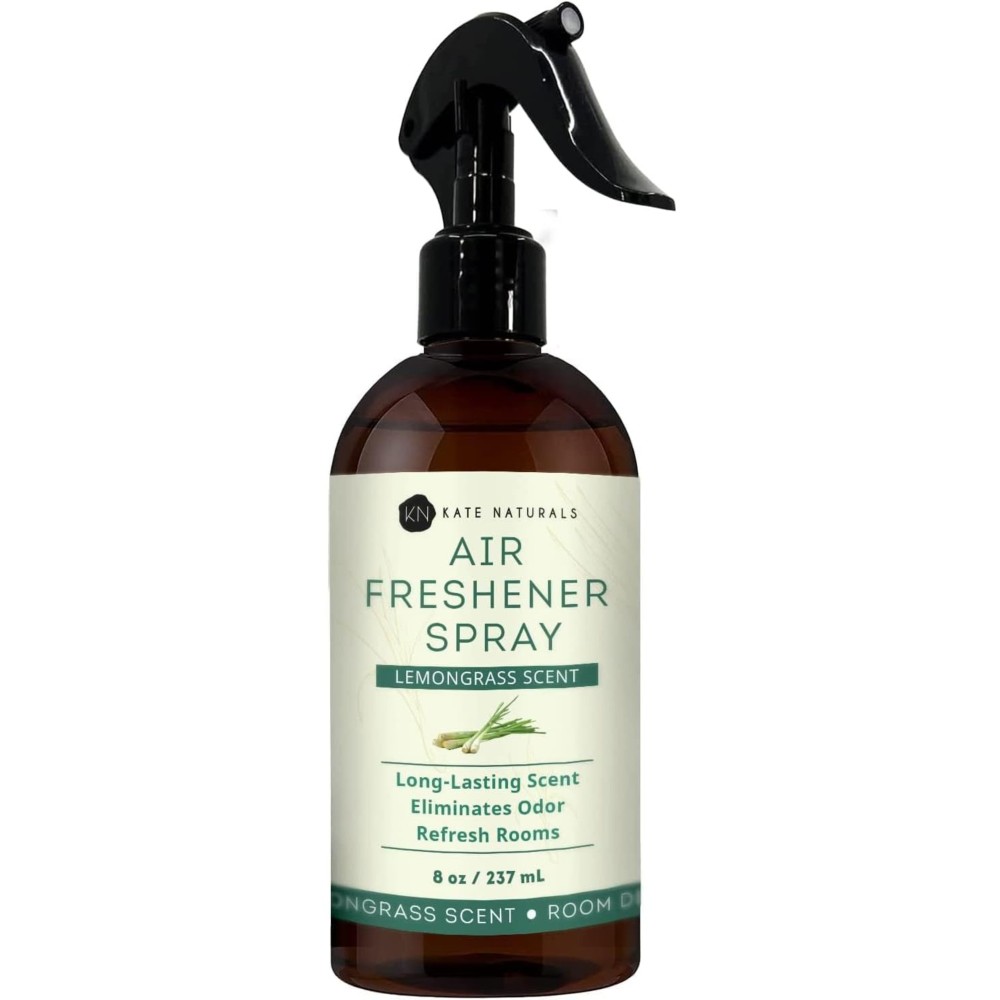 Kate Naturals Air Freshener Spray for Home. Lemongrass Essential Oil Odor Eliminator Room Freshener Spray for Pillows, Bedding, Linen (8 fl oz, Pet Safe, Non-Toxic)