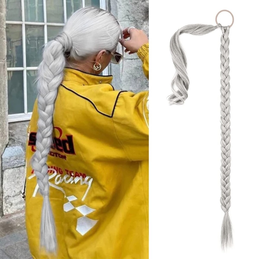 SEIKEA Long DIY Braided Ponytail Extension with Hair Tie Straight Wrap Around Hair Extensions Ponytail Natural Soft Synthetic Hairpiece Silver Mist Grey 34 Inch (After Braided 30 Inch)