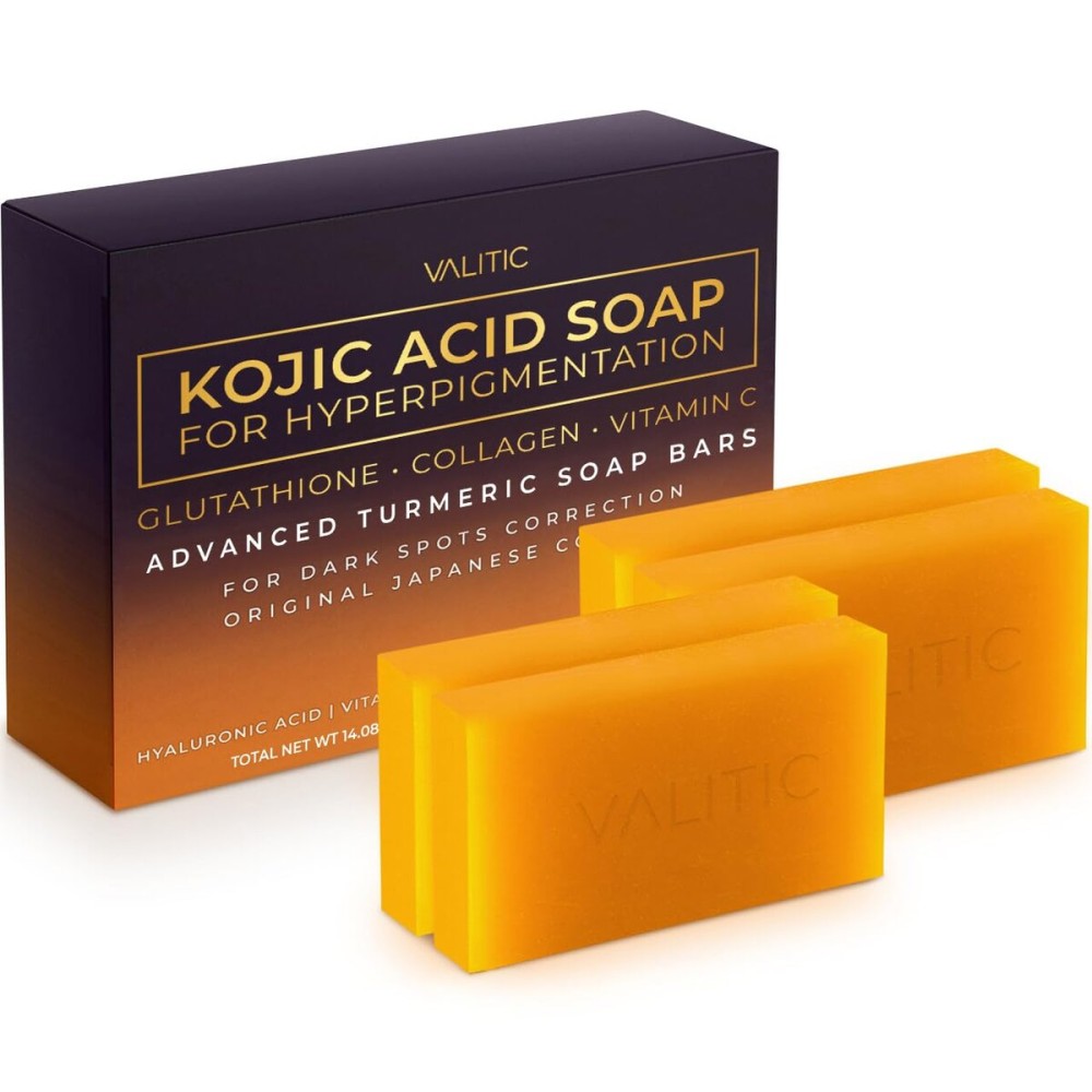 VALITIC Kojic Acid Soap for Hyperpigmentation - with Glutathione, Collagen & Vitamin C - Natural Soap Bars with Turmeric - Original Japanese Complex for Dark Spot Correction - 4 Pack