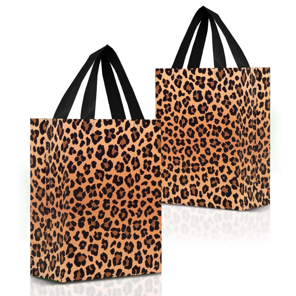 Nush Nush Leopard Gift Bags Medium Size- Set of 12 Cheetah Gift Bags With Handles - Reusable Goodie Bag for Animal Print Party, Safari Party Favors, Jungle Theme Birthday - 8x4x10 Size