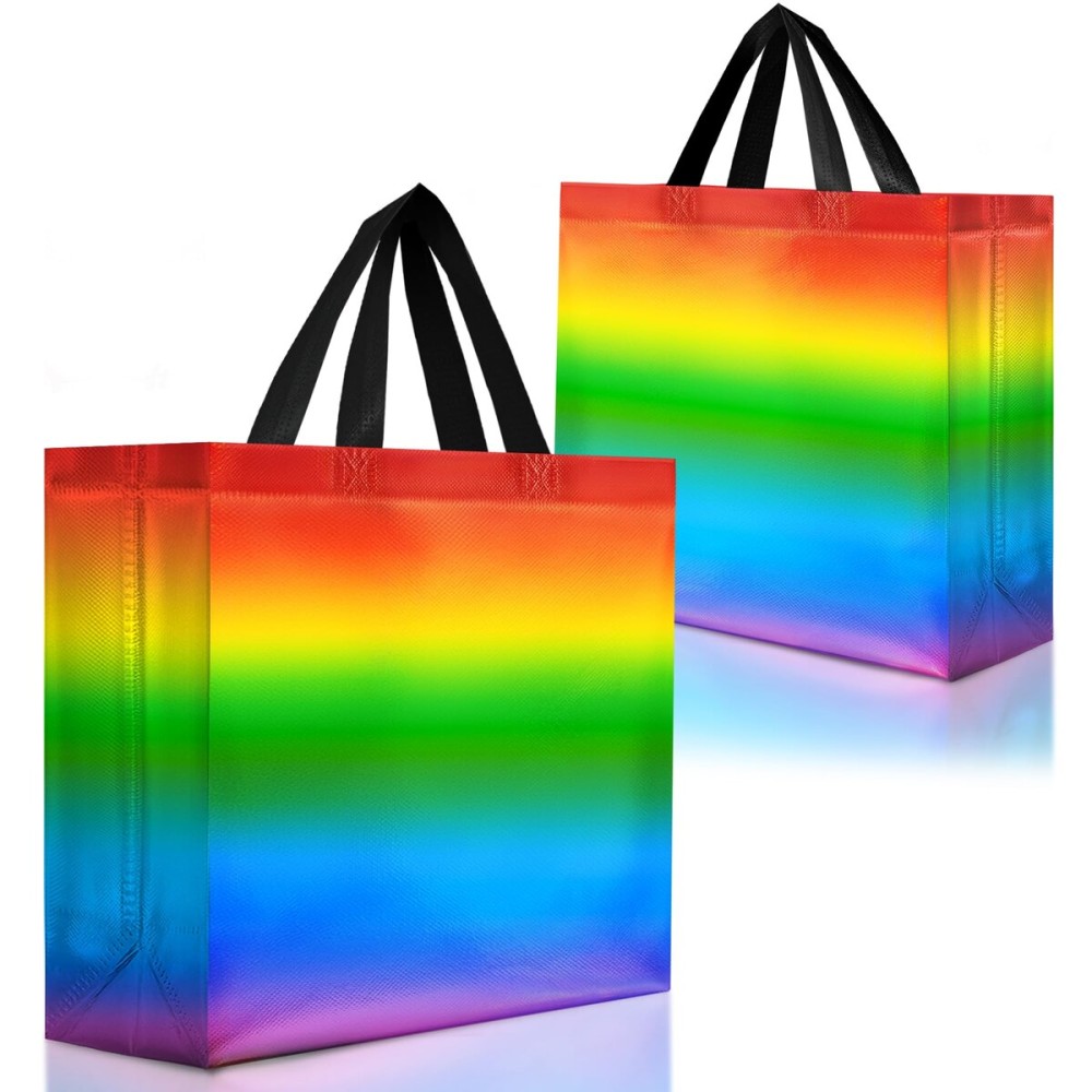 Nush Nush Large Rainbow Gift Bags- Set of 12 Colorful Holographic Reusable Gift Bags with Handles - Ideal Rainbow Goodie Bag for Birthday Party, Kids Party, Sleepover, Pride Events - 13x5x11