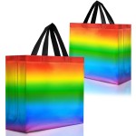 Nush Nush Large Rainbow Gift Bags- Set of 12 Colorful Holographic Reusable Gift Bags with Handles - Ideal Rainbow Goodie Bag for Birthday Party, Kids Party, Sleepover, Pride Events - 13x5x11