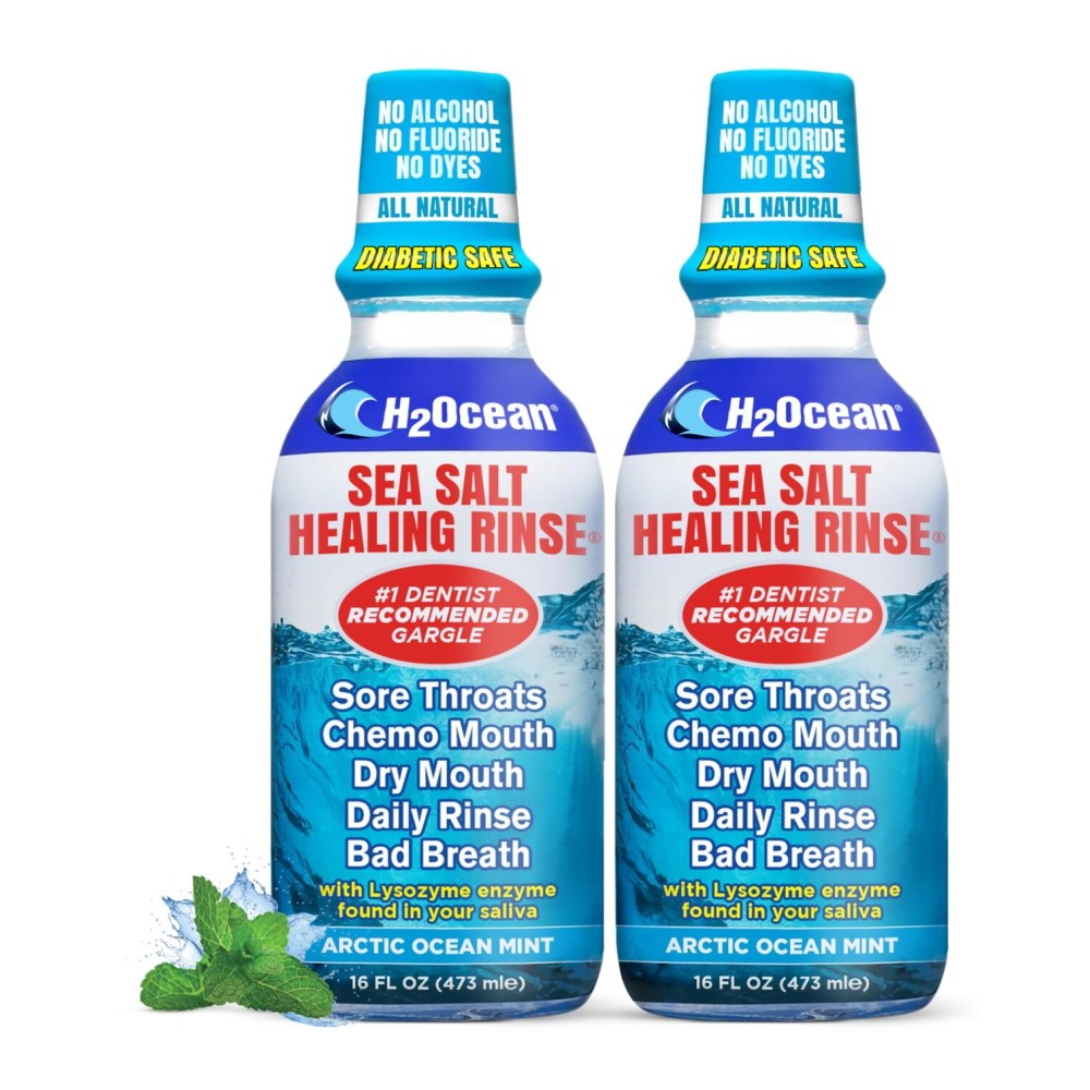 2 Pack H2Ocean Healing Rinse Mouthwash- Great Tasting Sea Salt & Xylitol Mouth Wash for Fresh Breath & Dry Mouth - Alcohol & Fluoride Free - Arctic Ocean Mint 16oz
