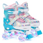 SULIFEEL Rainbow Unicorn 4 Size Adjustable Light up Roller Skates for Girls Boys for Kids Blue Medium